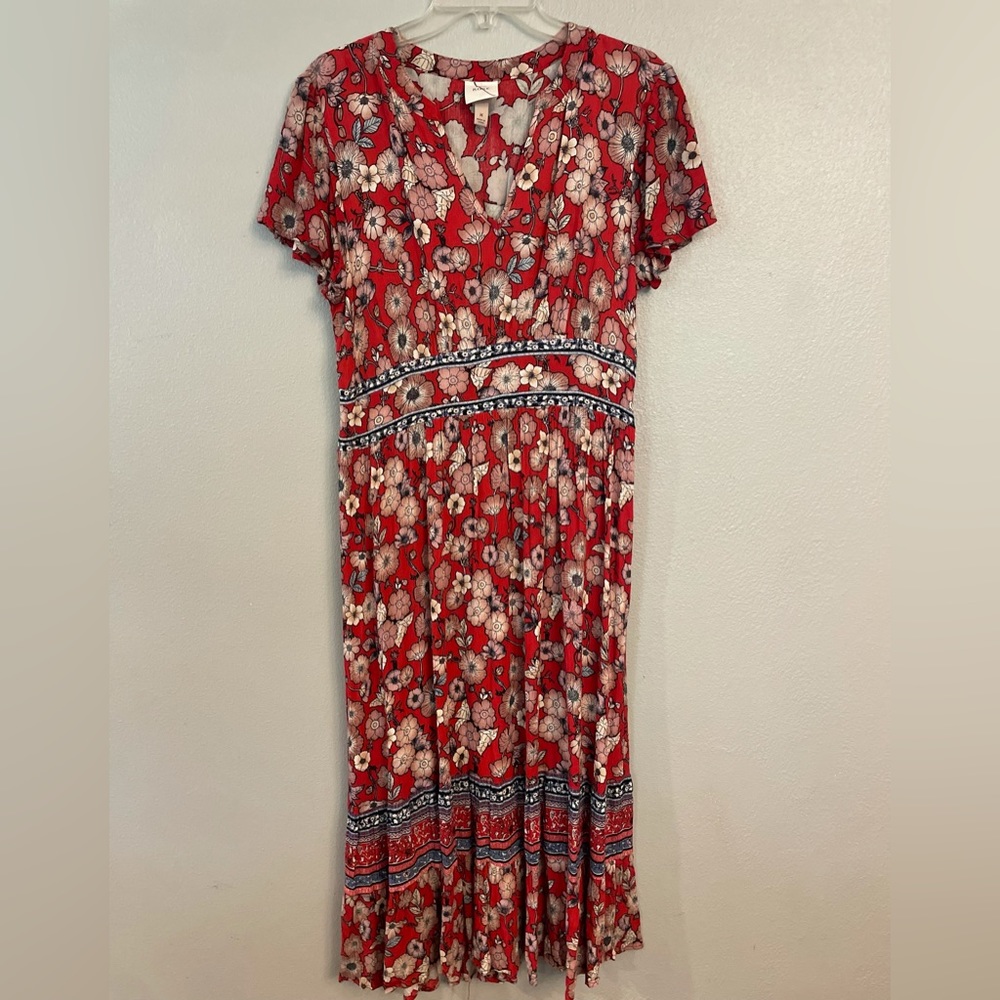 Red, pink floral midi.